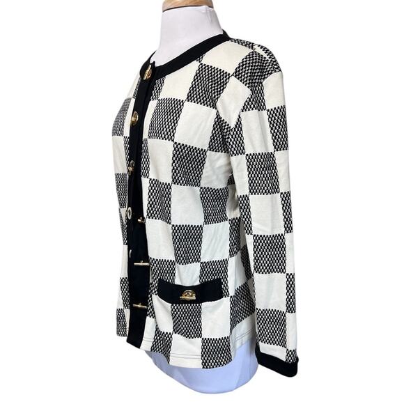L'eau Vive Vintage Hong Kong Black Ivory Check Old Money Cardigan Toggle Sweater - Picture 4 of 6